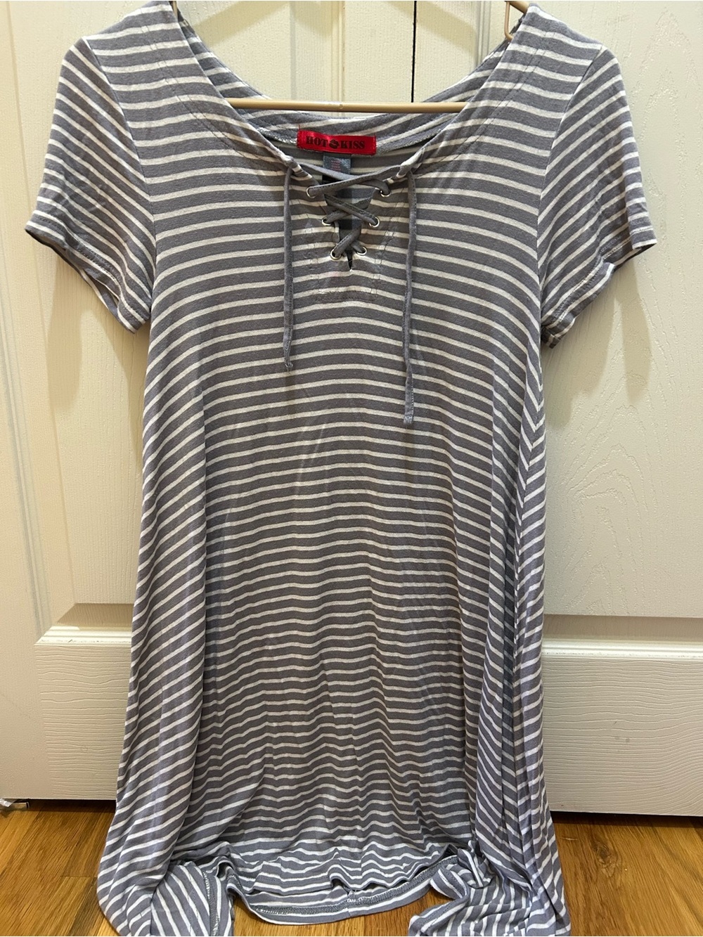 Kiss Gray & White Striped Lace-Up Tunic Top